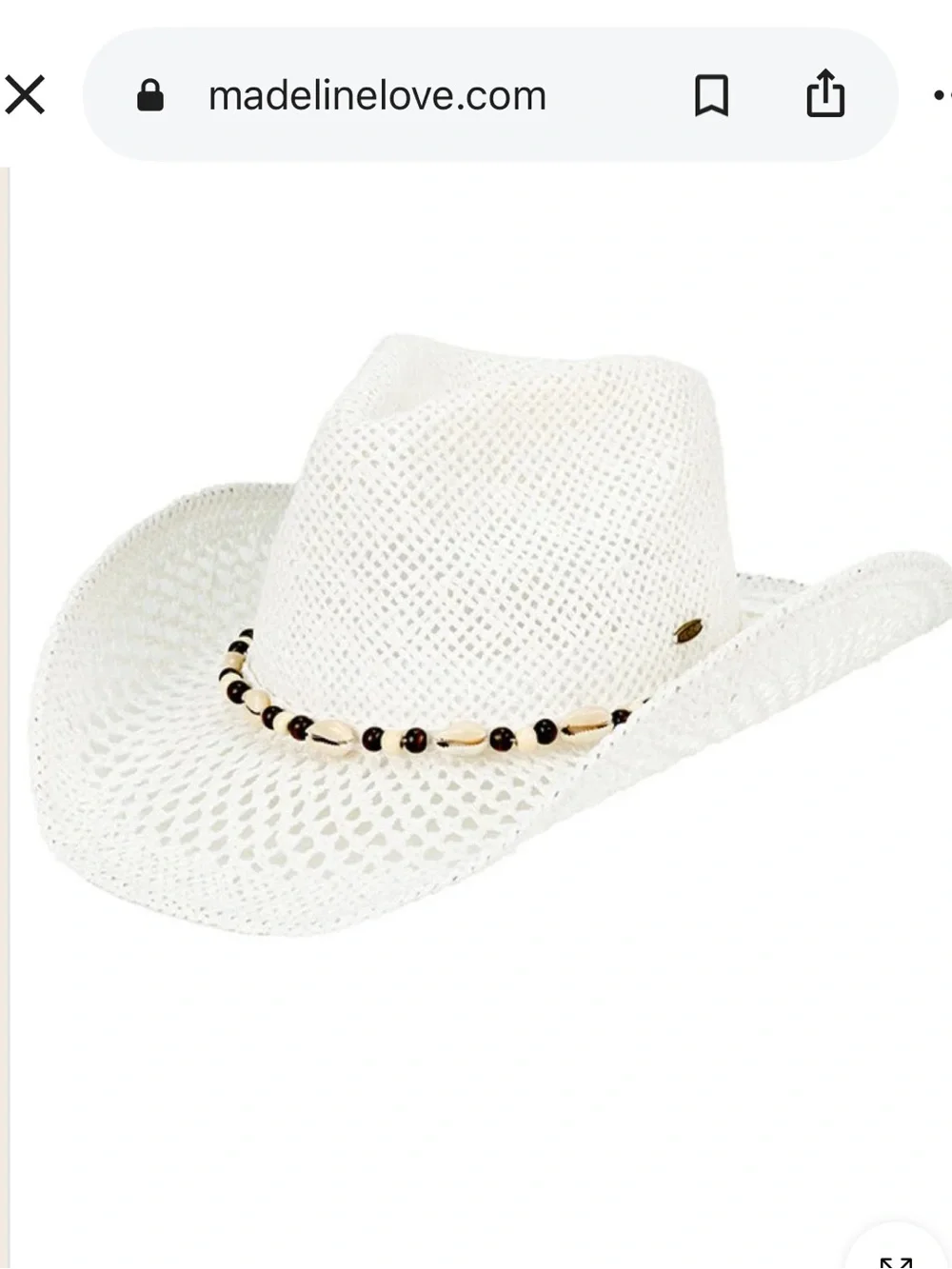 Madeline White Straw Cowboy Hat with Bead Band